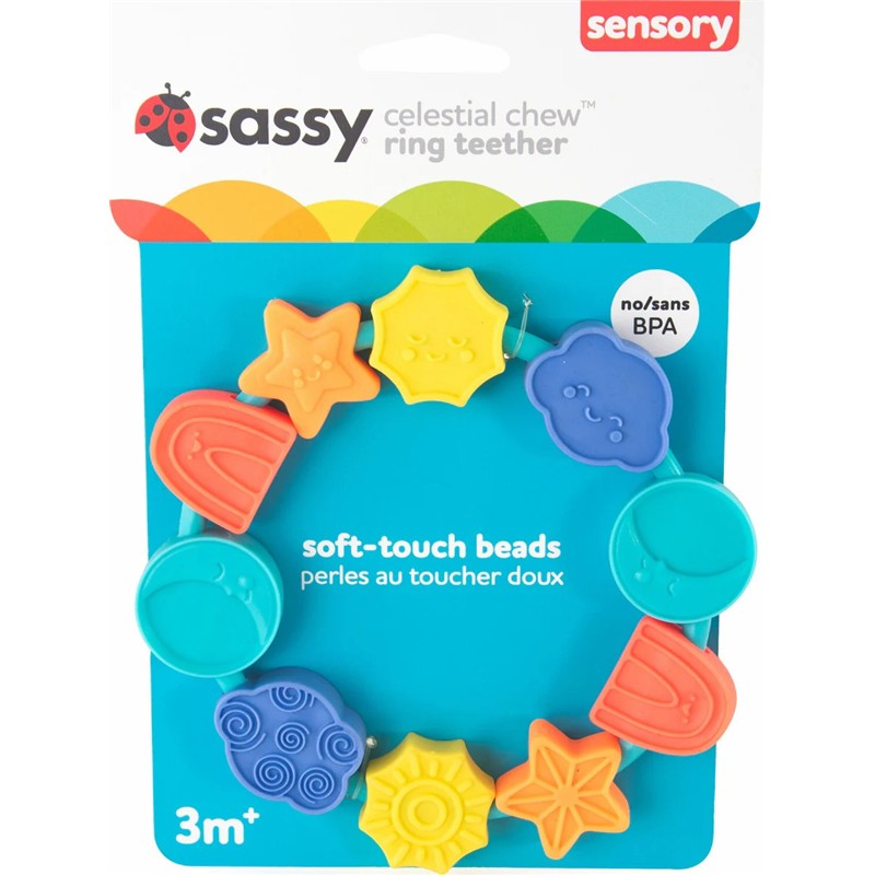 Sassy Celestial Chew Ring Teether with colorful soft-touch beads, suitable for babies 3 months and older, BPA-free.