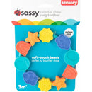 Sassy Celestial Chew Ring Teether with colorful soft-touch beads, suitable for babies 3 months and older, BPA-free.