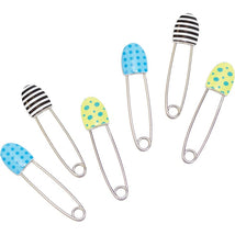 Set of six decorative diaper pins featuring colorful, dotted, or striped heads in blue, yellow, and black.