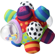 Colorful developmental bumpy ball with textured shapes and a clear compartment containing small beads.