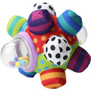 Colorful developmental bumpy ball with textured shapes and a clear compartment containing small beads.