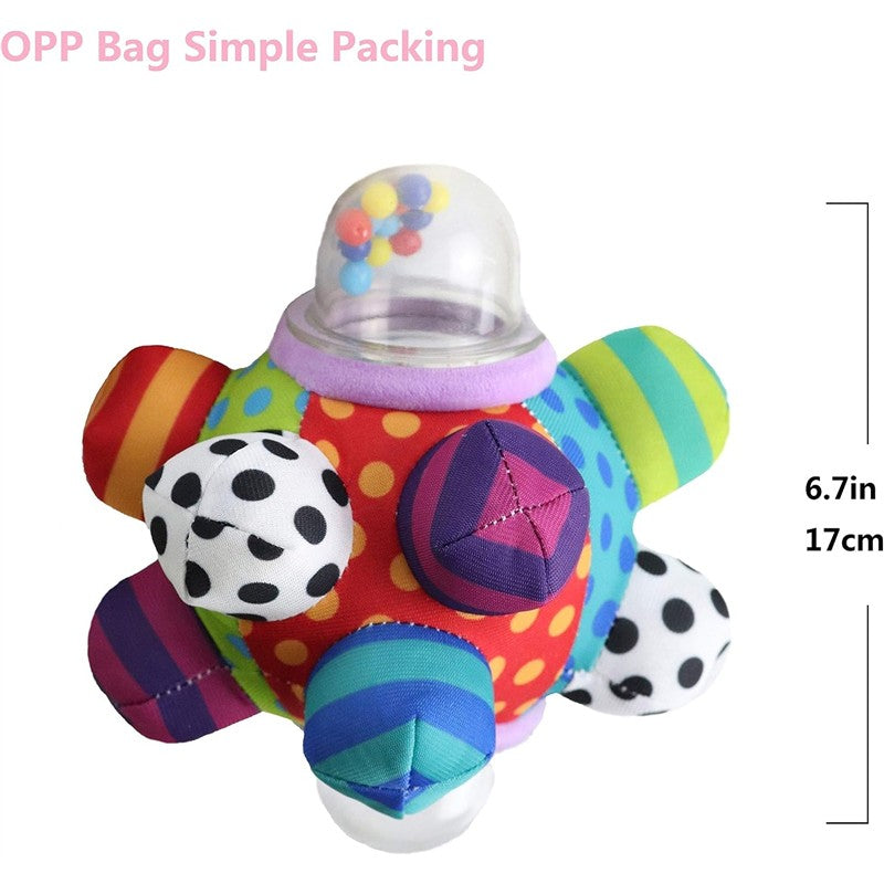 Brightly colored Sassy Developmental Bumpy Ball with various textures, patterns, and a clear dome containing colorful beads.