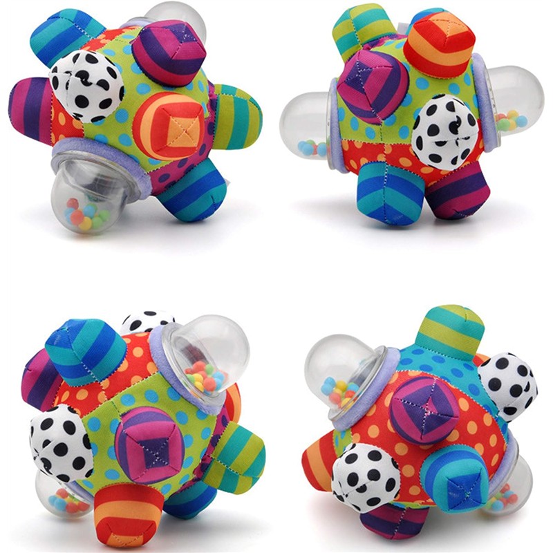 Colorful Sassy Developmental Bumpy Ball featuring various textures, patterns, and transparent ends with colorful beads inside.