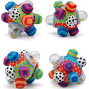 Colorful Sassy Developmental Bumpy Ball featuring various textures, patterns, and transparent ends with colorful beads inside.