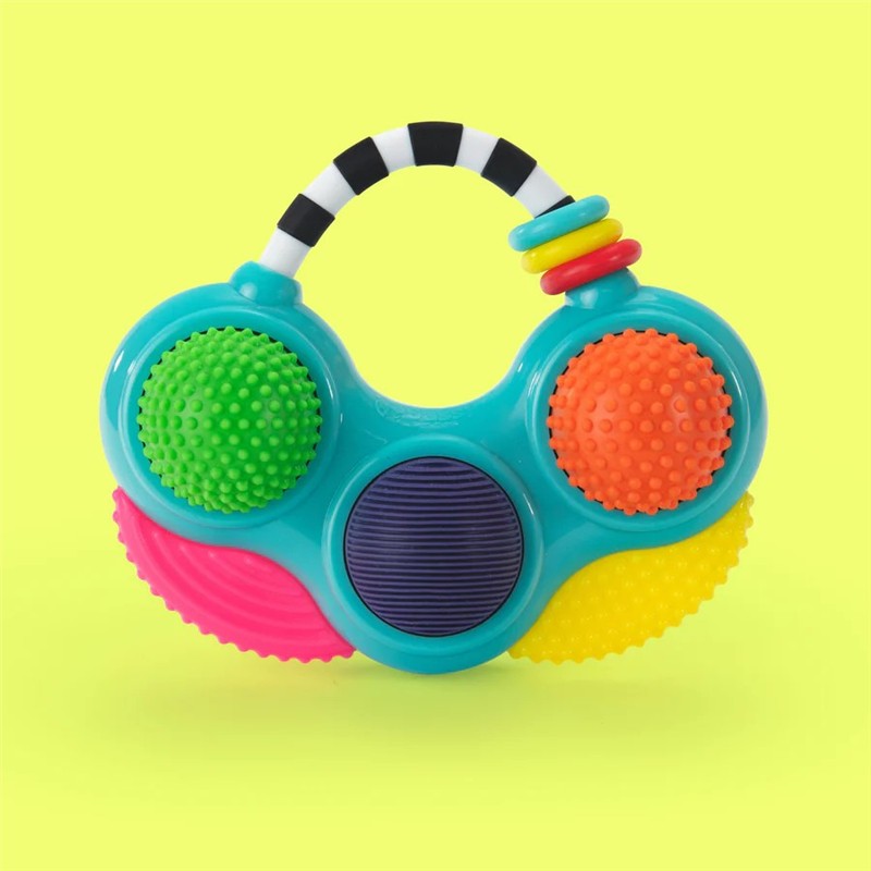 Colorful textured musical toy with four sensory buttons in green, orange, pink, and yellow, designed for infants.