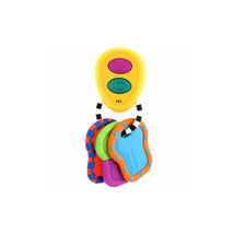 Brightly colored toy key set featuring a yellow key fob with buttons and five colorful key attachments.
