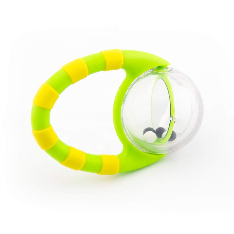 Sassy Flip & Grip Rattle featuring a green and yellow loop design with a clear, rattling ball inside.