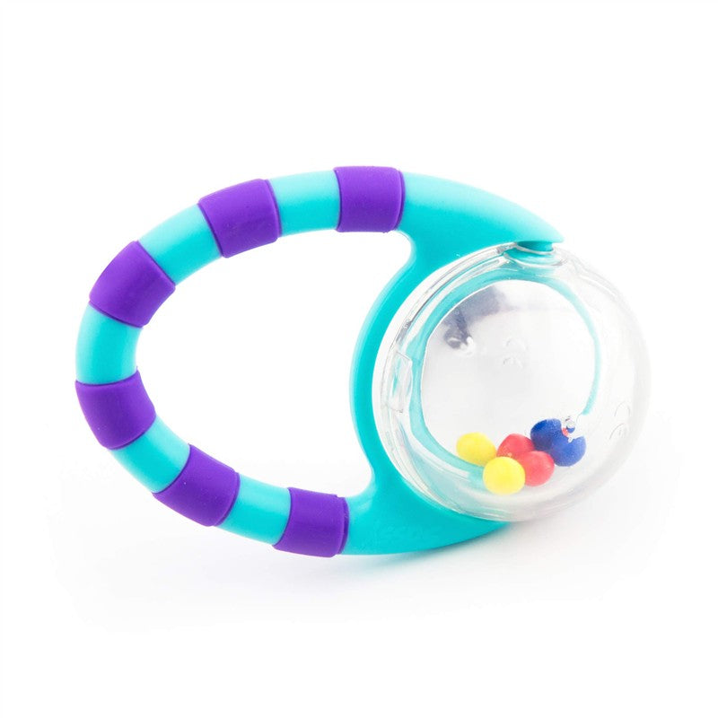 Sassy Flip & Grip Rattle featuring a teal handle with purple accents and a clear ball containing colorful beads.