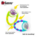 Sassy Flip & Grip Rattle 2-piece set featuring colorful rattles with mirrors, soft handles, and high contrast designs for sensory exploration.