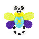 Brightly colored Sassy Flutterby Teether shaped like a cheerful butterfly with textured wings and a circular handle.