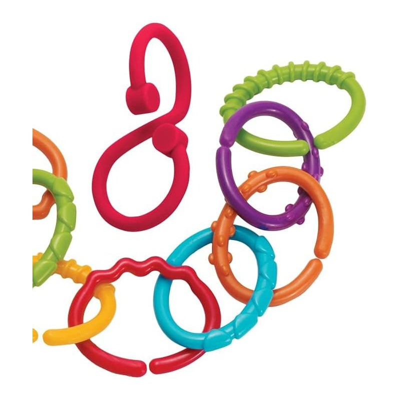 Colorful, interlinked plastic rings in various shapes and sizes, including a red linking clip, designed for easy attachment and play.