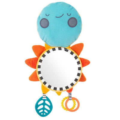 Soft fabric mirror shaped like a sun, featuring a smiling face, colorful rays, and baby-friendly teething toys.