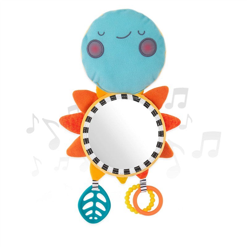Soft, plush mirror shaped like a smiling sun with colorful accents and attached teething rings.