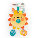 Sassy My Little Sunshine Mirror, a plush sun toy with a smiley face, musical button, and colorful attachments for infants.