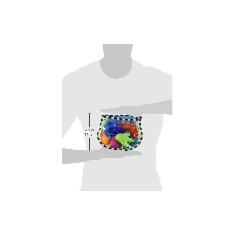 Colorful sea creature bath toys in a transparent bag, measuring 6.5 inches, held by a person.