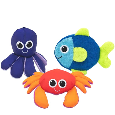 Three colorful plush bath toys: a purple octopus, a blue and green fish, and a red crab, designed for playtime.