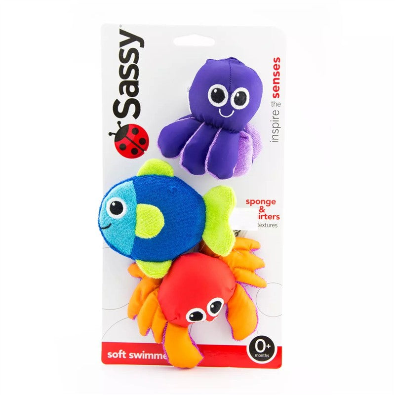 Three colorful plush bath toys featuring a purple octopus, blue fish, and orange crab, labeled for sensory play.