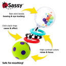 Sassy Spin Shine Rattle features colorful click-clack rings and a rain stick bead section, promoting sensory exploration.