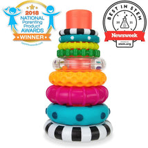 Sassy Stacks of Circles toy featuring colorful, textured stacking rings with awards for parenting and STEM excellence.