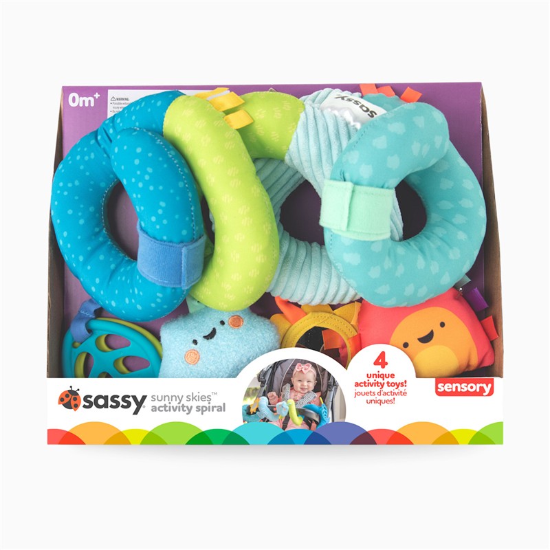 Activity spiral featuring colorful rings and plush toys, designed for sensory play, suitable for infants 0 months and up.
