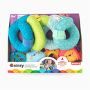 Activity spiral featuring colorful rings and plush toys, designed for sensory play, suitable for infants 0 months and up.
