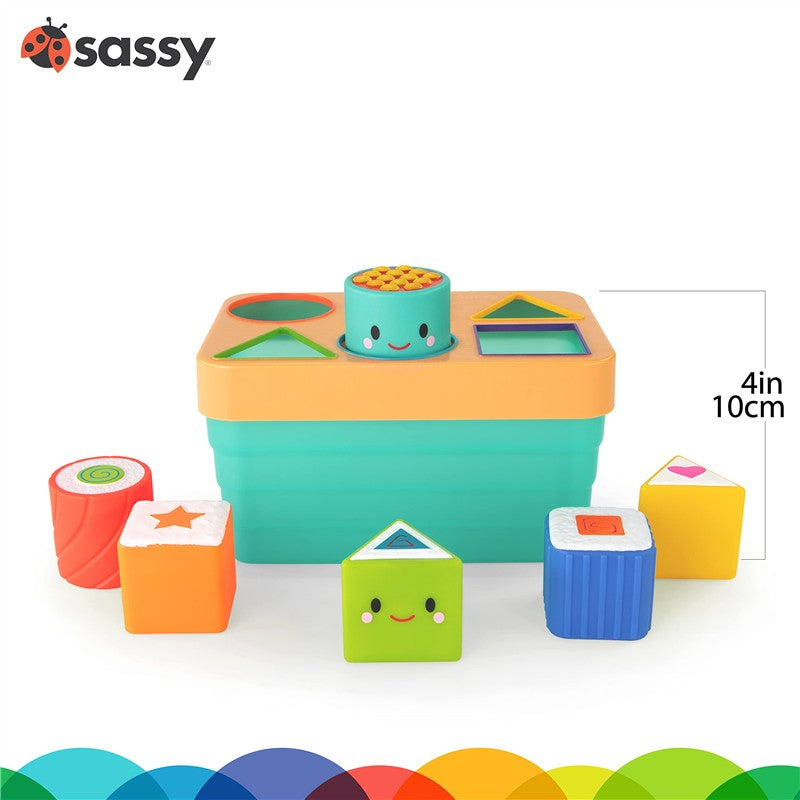 Colorful Sassy Sushi Sorter with various shaped blocks, including a smiling sushi shape and a stacking top, encouraging shape sorting and play.