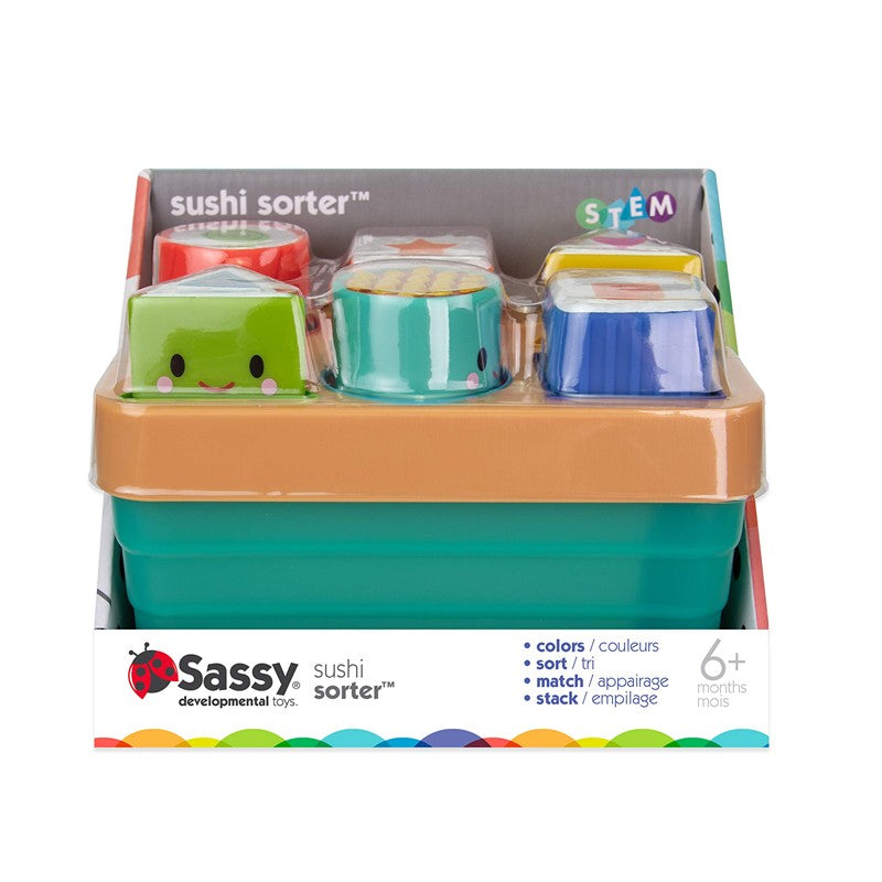 Sassy Sushi Sorter toy with colorful stacking pieces designed for sorting and matching, encourages early learning for 6+ months.