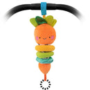Plush carrot toy with colorful rings, smiling face, and a black-and-white patterned hanging ring, designed for infants.