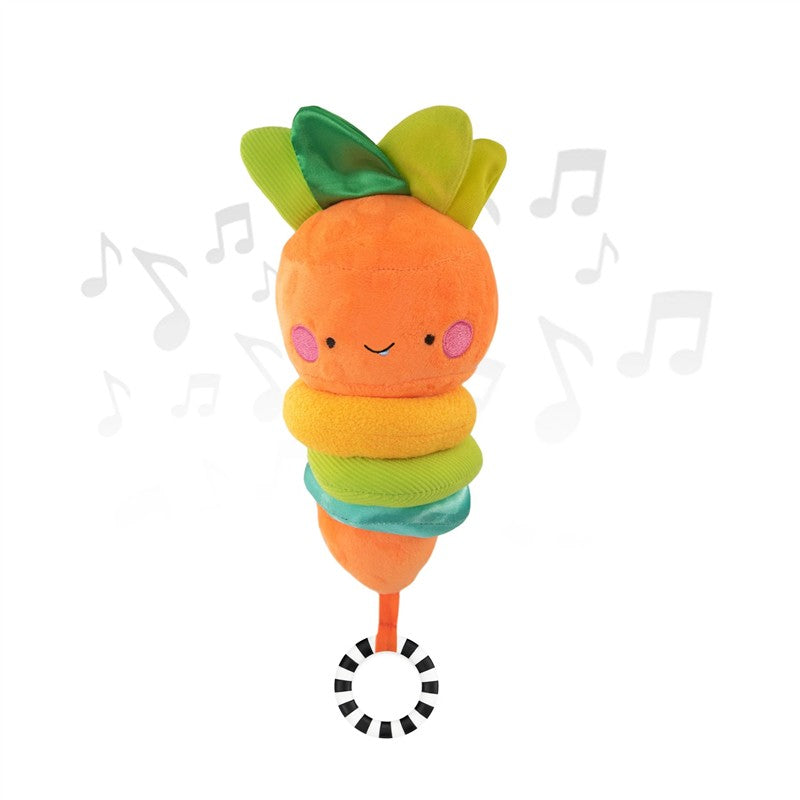 Plush carrot toy with bright orange color, smiling face, colorful rings, and a pull-string musical feature.