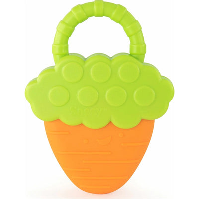 Bright green and orange Sassy Vibrating Carrot Teether with a textured surface and smiling face, designed for infants.