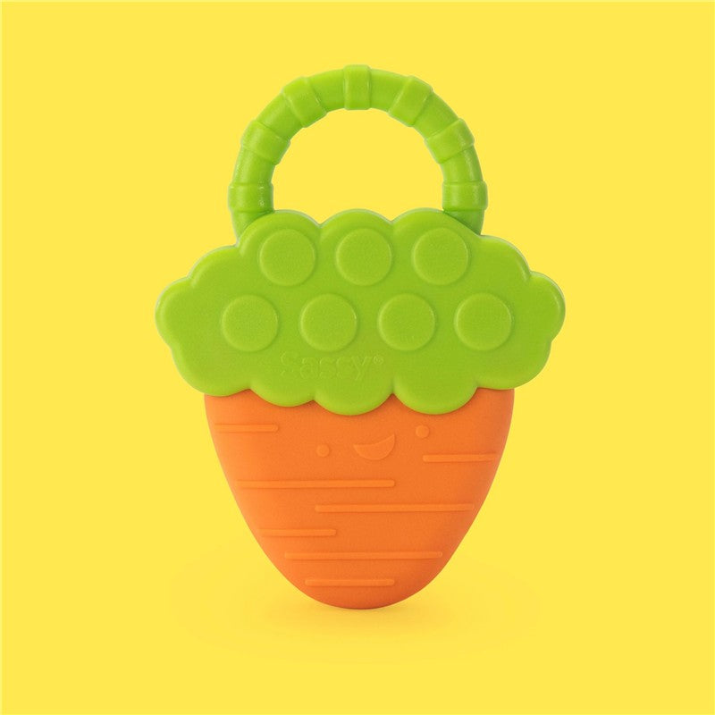 Sassy Vibrating Carrot Teether in bright orange and green, shaped like a carrot, with a textured handle for gripping.