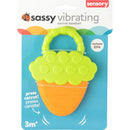 Sassy Vibrating Carrot Teether in vibrant orange and green, featuring a textured handle for infants aged 3 months and older.