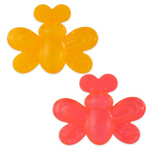 Brightly colored butterfly-shaped teethers in yellow and pink, designed for infants, featuring textured surfaces for soothing gums.