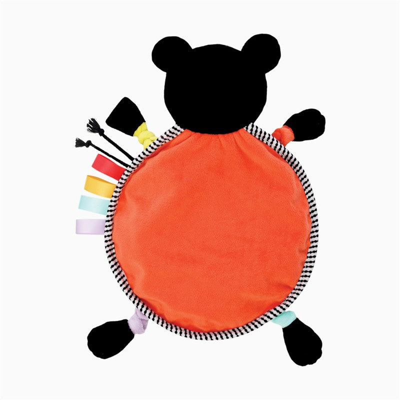 Sassy Wimmer Bear Lovey features a black bear-shaped head with an orange blanket body and colorful ribbon tags.