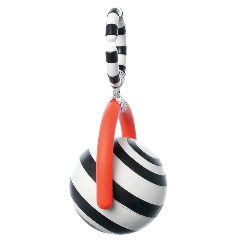 Black and white striped ball with an orange handle, designed for engaging play and sensory development.