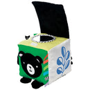 Soft fabric cube featuring a bear design, a reflective mirror, bright colors, and playful patterns for sensory exploration.