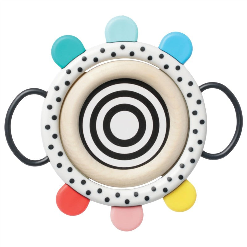 Sassy Wimmer Grasp & See Mirror with colorful handle accents and concentric black and white circles.