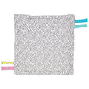 Sassy Wimmer Seek & Explore Mat featuring a black polka dot pattern with colorful fabric tags on three corners for sensory exploration.