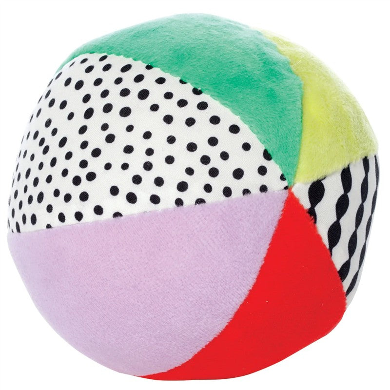 Colorful multicolored ball with various patterns, designed for sensory play, part of the Sassy Wimmer Seek & Explore Mat.