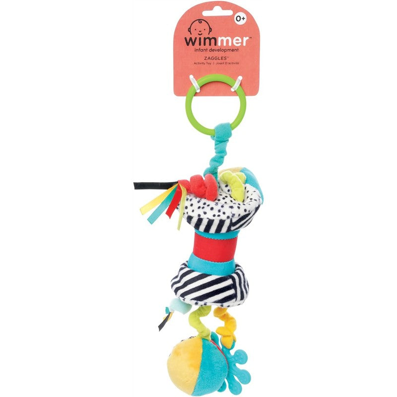 Colorful Sassy Wimmer Zaggles activity toy featuring various textures, patterns, and a green attachment ring for infants.