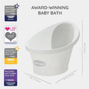 Newborn baby bath by Shnuggle, featuring a white design, dimensions labeled, and award-winning status highlighted.