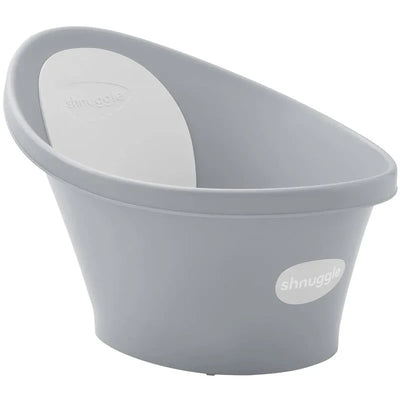 Newborn baby bath by Shnuggle in pebble grey with a smooth, curved design and a plug for easy drainage.