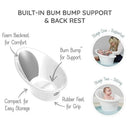 Newborn baby bath in pebble grey with foam backrest, bum bump for support, and rubber feet for grip; compact design for storage.