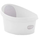 White and grey Shnuggle toddler bath tub, featuring a sloped design and branding on the side.