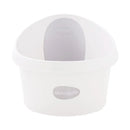 Toddler bath tub in white and grey, featuring a cushioned back support and the Shnuggle logo on the front.