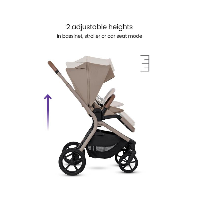 Silver Cross Breez Compact Stroller in Champagne, featuring adjustable heights for bassinet, stroller, or car seat modes.