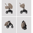Silver Cross Breez Compact Stroller with folding bassinet in Champagne, shown in four angles, including a folded state.