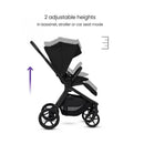 Silver Cross Breez Compact Stroller with a folding bassinet bundle in Onyx, featuring adjustable heights for bassinet, stroller, or car seat modes.