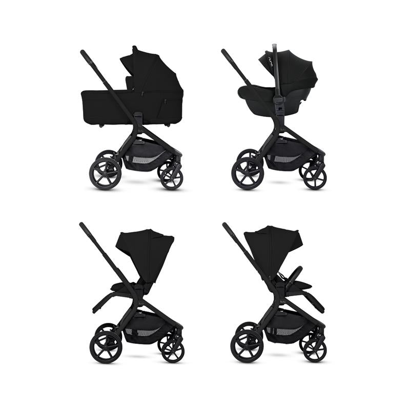 Silver Cross Breez Compact Stroller in Onyx color; displays four angles highlighting its sleek design and adjustable seat positions.