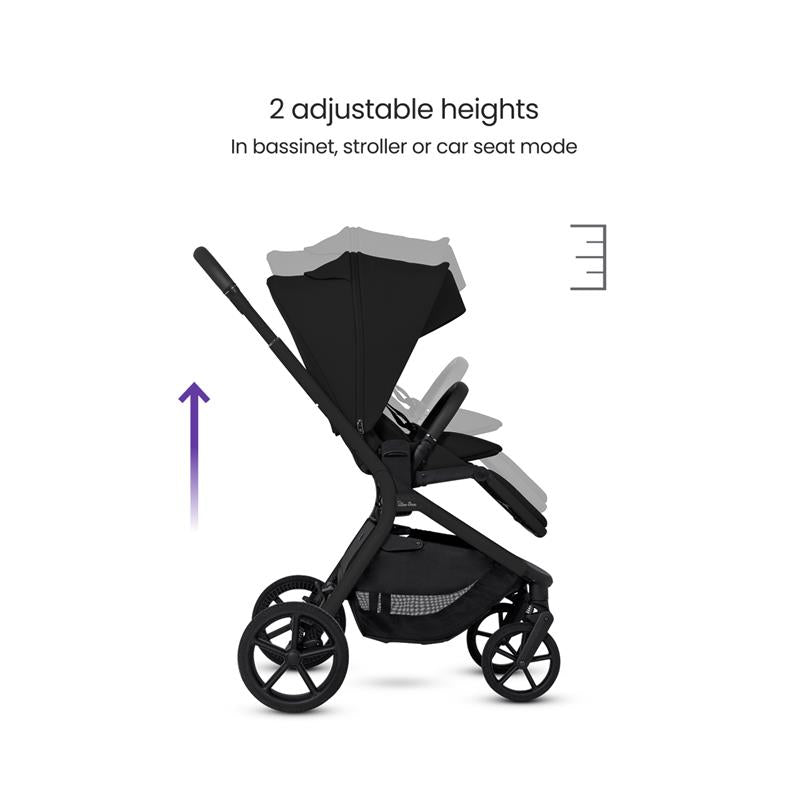 Silver Cross Breez Compact Stroller in Onyx color, showing adjustable heights for bassinet, stroller, or car seat mode.